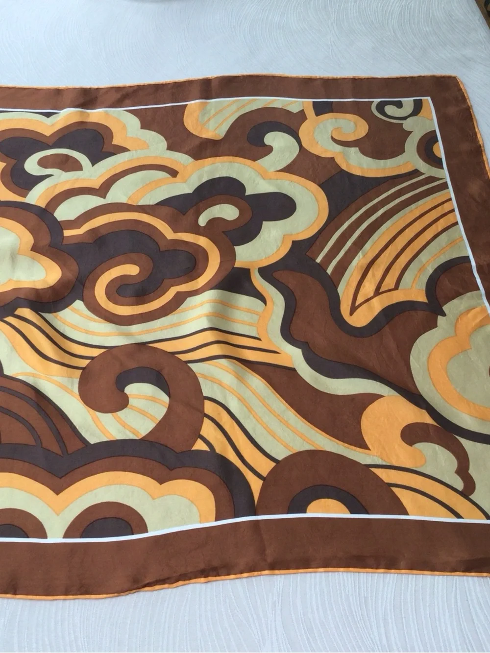 Silky Abstract Wave Print Women's Scarf in Brown and Gold